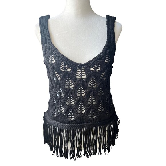 Zara Black Boho Open Weave Knit Crochet Fringe Tank Top Small - Picture 2 of 16